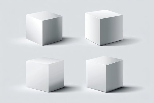 Fototapeta Four blank white cubes, various angles, on a light gray background.  Each cube has subtle shading and a shadow, creating a 3D effect