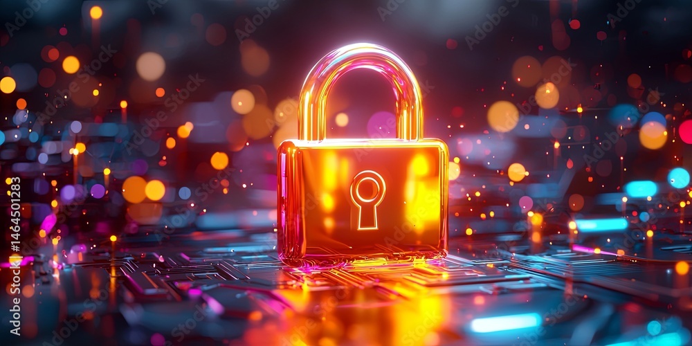Poster digital lock icon glowing in a futuristic landscape with dramatic lighting and stormy atmosphere, re
