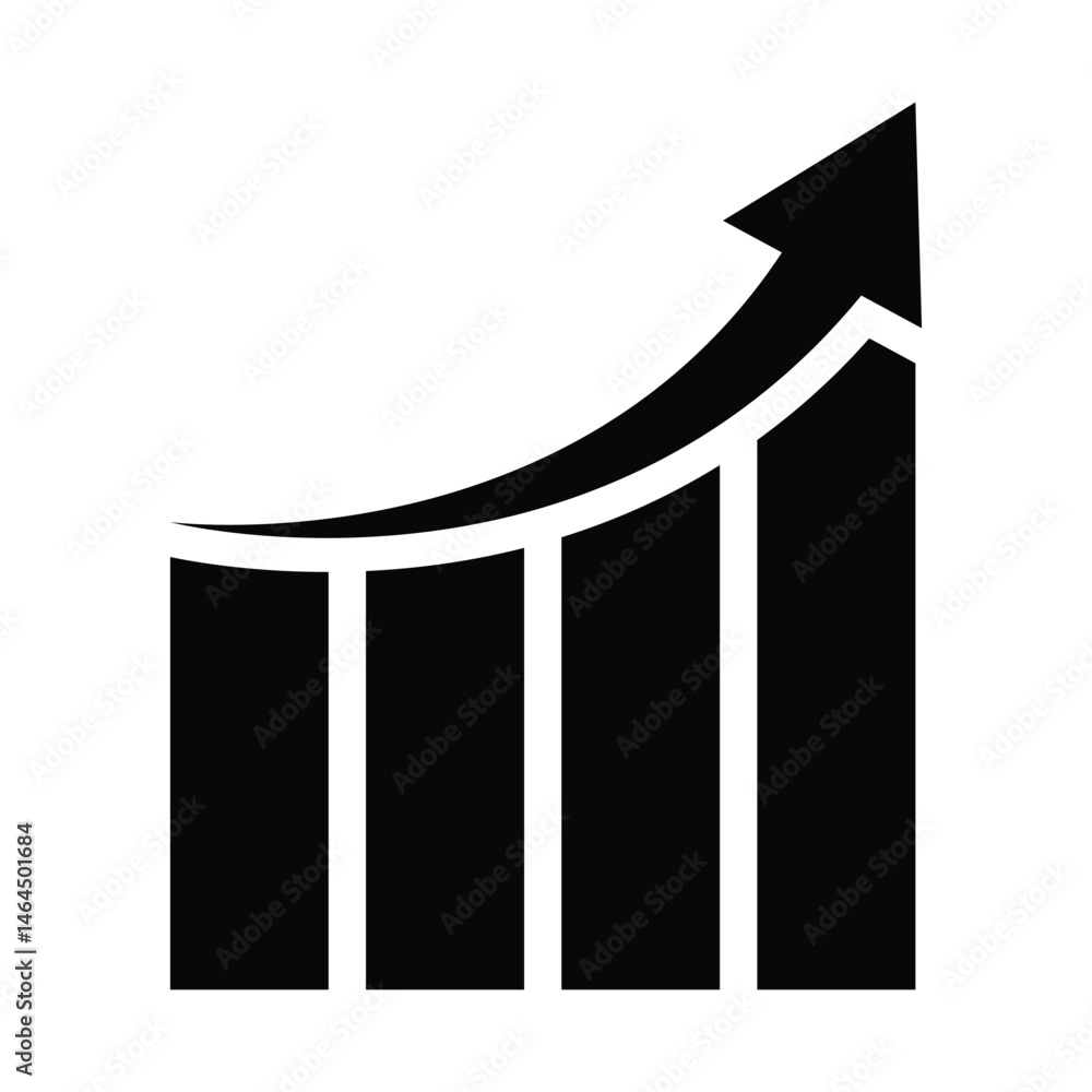 Fototapete single black arrow growing pointing up on chart graph. bars icon, success graph trending upwards, in