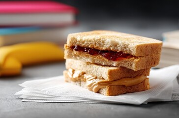 Delicious peanut butter and jelly sandwich stacked on napkin with colorful books and banana in background creating a vibrant study snack scene