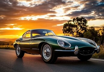 Fototapeta premium A green classic convertible sports-car driving on a road at sunset.