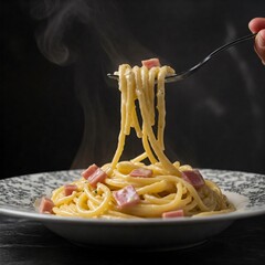 close up of forking up authentic Italian steaming carbonara against a dark background