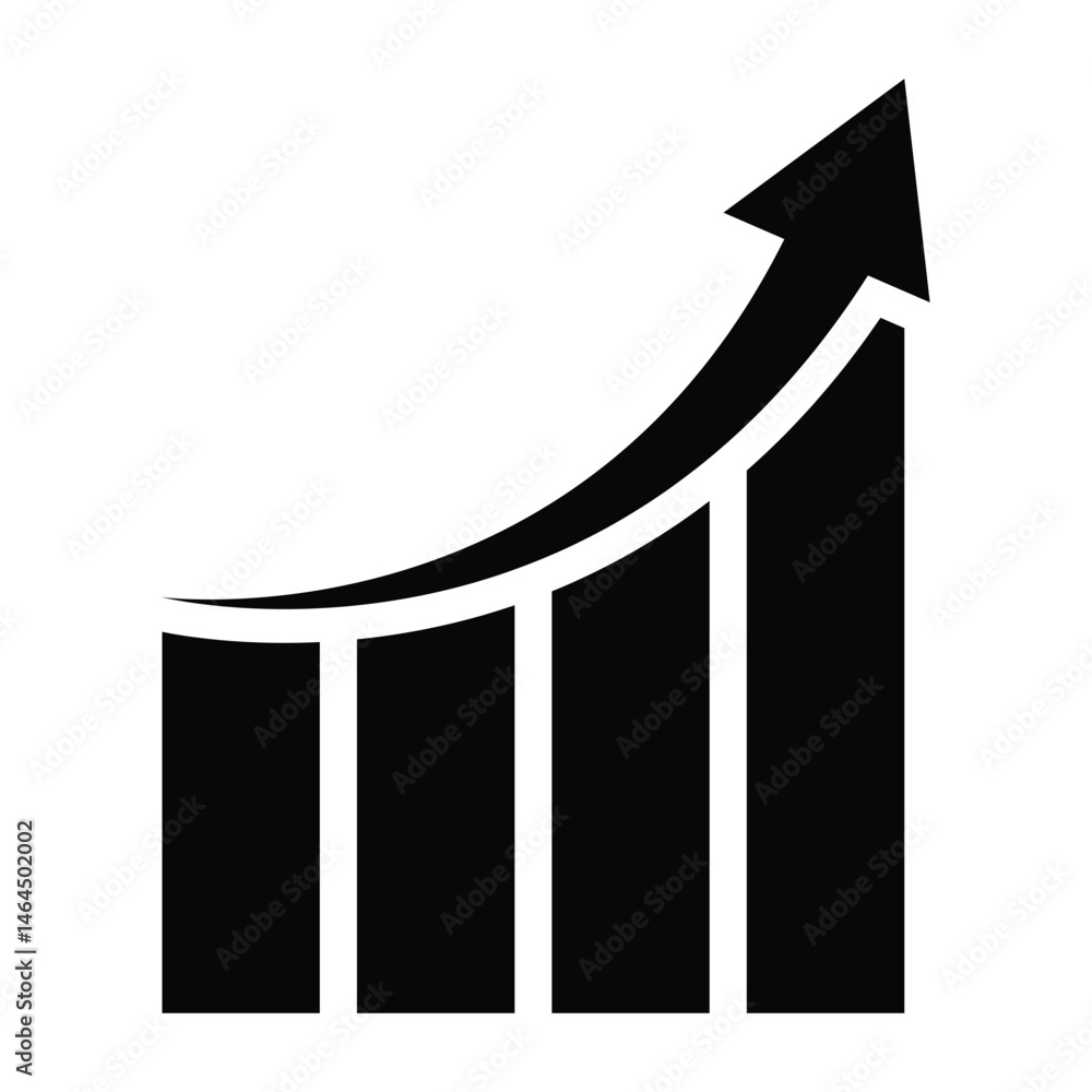 Poster single black arrow growing pointing up on chart graph. bars icon, success graph trending upwards, in
