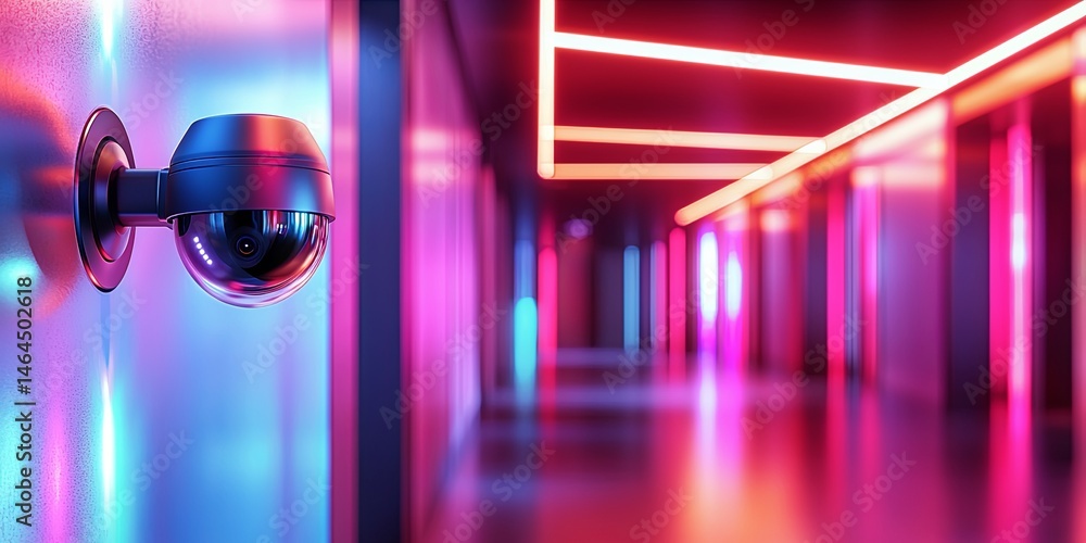 Poster Modern surveillance camera mounted on a wall in a sleek futuristic hallway with artistic lighting and geometric pattern design for security systems