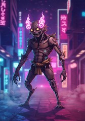 Naklejka premium AI, yokai, vector, lineup, characters, cyber, enhanced, tech, mythical, digital, forest, background, dark, futuristic, creature, group, character design, illustration, robotic, eyes, neon, spirit, tra