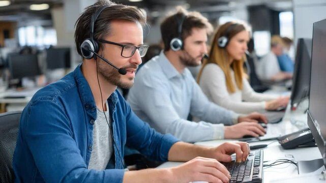 Customer Support Team: A team of dedicated customer support professionals, equipped with headsets and computers, work diligently to address customer inquiries and provide solutions. - Powered by Adobe