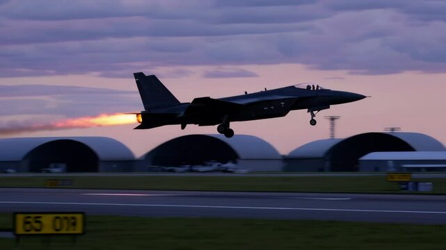 Fighter jet taking off at dusk from air base