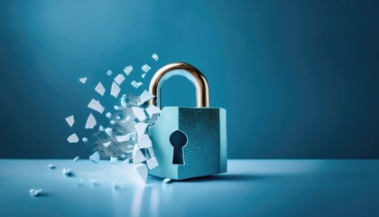 Digital lock icon breaking apart, symbolizing a cybersecurity breach or data vulnerability 
