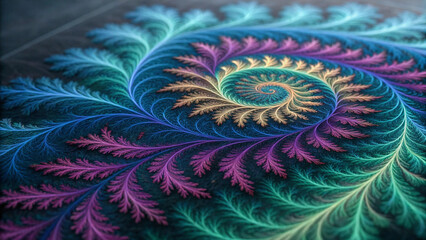 Vibrant fractal spiral design with intricate, colorful patterns resembling fern leaves, creating mesmerizing and futuristic visual effect