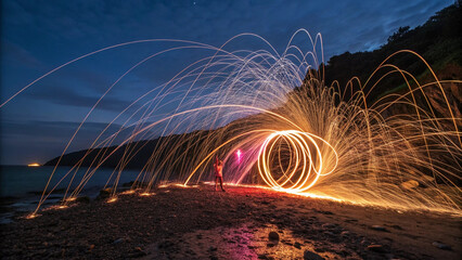 Person spinning steel wool on rocky beach at night creates mesmerizing light trails under dark sky, with scenic coastline in background