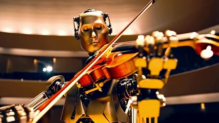 A humanoid robot skillfully plays a violin in an elegant theater, showcasing its musical talent in a captivating performance.