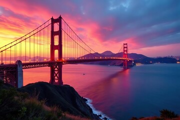 Fototapeta premium Sunrise paints Golden Gate Bridge vibrant hues, iconic, historic
