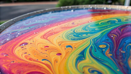 Vibrant swirl of rainbow colors creates mesmerizing abstract pattern on liquid surface, evoking creativity and wonder
