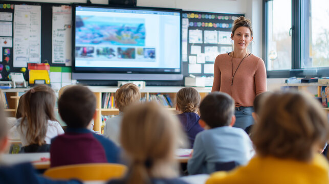 A medium body shot of a high-resolution photo of a female teacher in a bright shiny classroom with kids, daylight colors, a digital smartboard behind her with video game.
