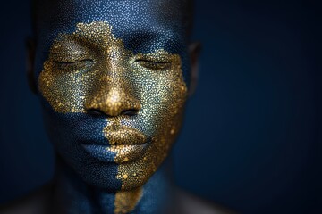 Abstract portrait of a person with intricate gold and blue face paint demonstrating artistic expression and cultural identity revealed through visual storytelling and creative artistry