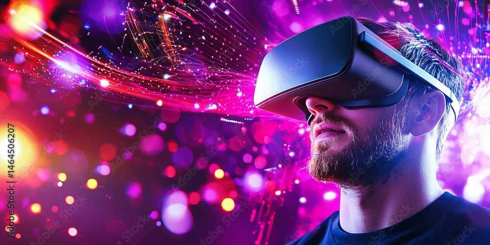 Aufkleber Man in Virtual Reality Headset Surrounded by Colorful Swirling Lights and Digital Effects Representing Immersive Technology Experience
