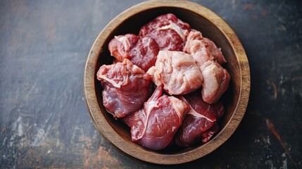 Raw Meat Cuts in Wooden Bowl: Preparation for Cooking