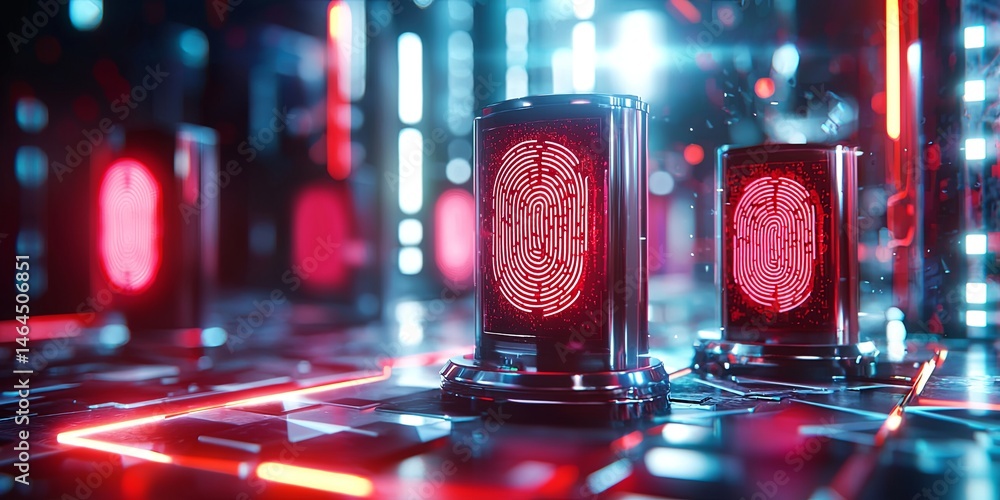 Poster Futuristic Technology Concept with High-Tech Fingerprint Scanners in a Sci-Fi Environment and Neon Red Lights Enhancing Security and Identity Verification