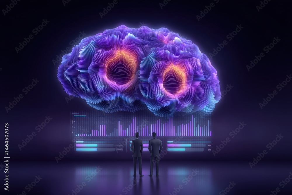 Poster two business professionals analyzing vibrant data visualizations representing neural networks and co