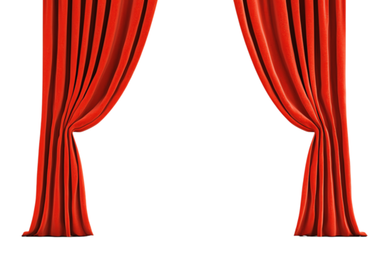 Elegant red stage curtains pulled to the sides, creating an open space in the center.