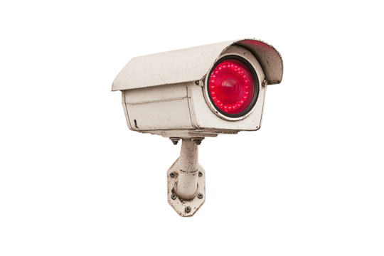 A security camera with a red infrared lens is mounted on a metal bracket.