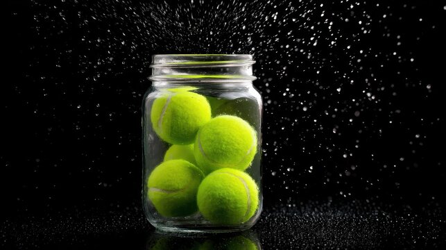 A glass jar filled with vibrant tennis balls, surrounded by a mist of water droplets against a dark background