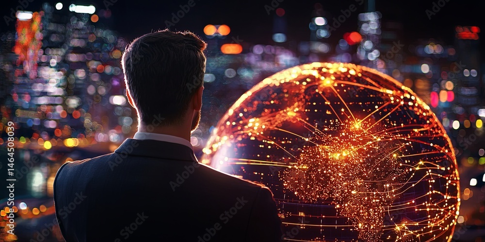 Poster businessman observing digital globe with global connections representing innovation and technology i