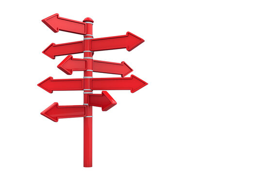 Multiple red directional arrows mounted on a pole, pointing in various directions.