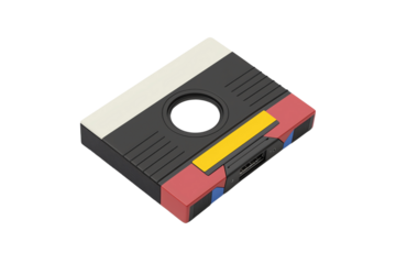 Retro video game cartridge with colorful geometric design and central circular opening.