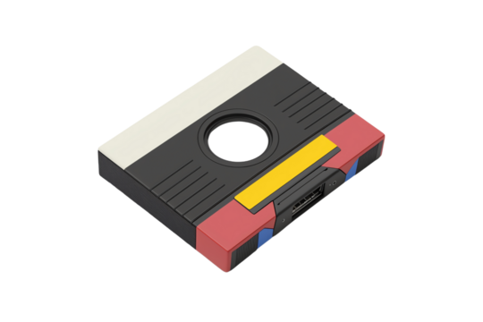 Retro video game cartridge with colorful geometric design and central circular opening.
