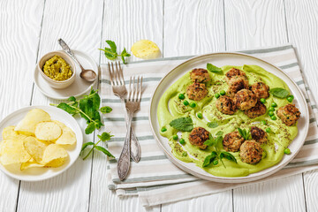 chicken broccoli meatballs with green pea hummus