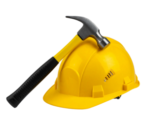 Photo of a yellow helmet and a hammer with a black handle, on a transparent background