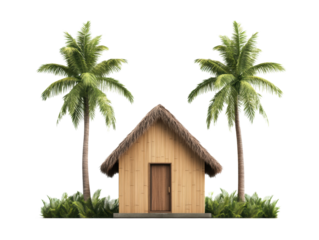 Tropical beach house amid palm trees for a relaxing getaway, cut out