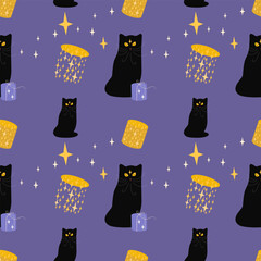 Vector seamless pattern with kittens, black cats, stars, paper lanterns. Cute pattern, background with pets .vector seamless halloween pattern with black cats, lanterns and stars.