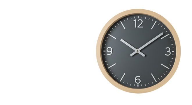 Close up of a round clock with a wooden frame and a dark face against a black background space
