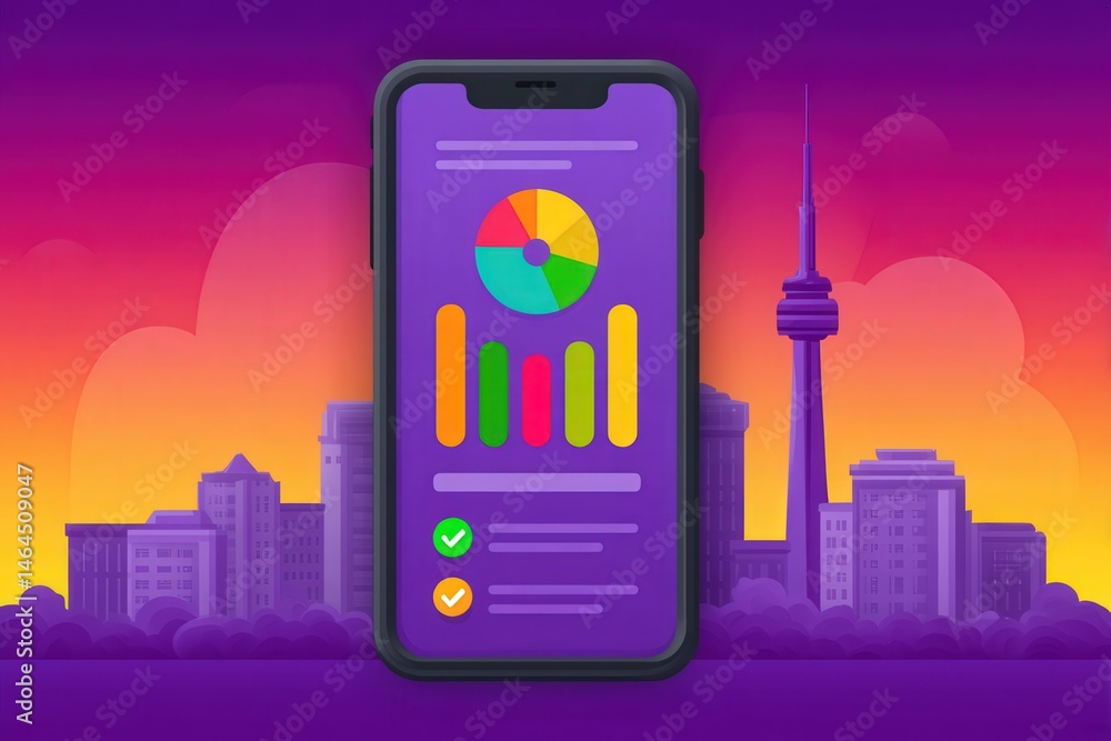 Poster dynamic smartphone interface showcasing colorful data visualization against a vibrant urban sunset b