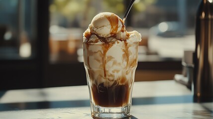 Creamy ice cream sundae in a glass.