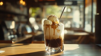 Delicious ice cream dessert in a glass,  coffee shop setting.