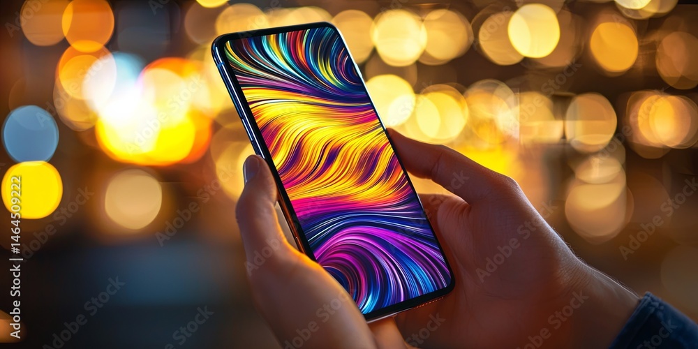 Fototapete hands holding smartphone with vibrant abstract screen display and warm bokeh lights in background fo