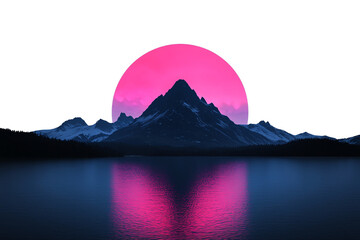 Fototapeta premium A mountain silhouette is seen against a vibrant pink sun, reflecting over a calm lake under a dark sky.