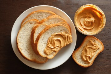 Freshly Sliced White Bread with Creamy Peanut Butter Spread on a Wooden Table in a Stylish Kitchen Setting