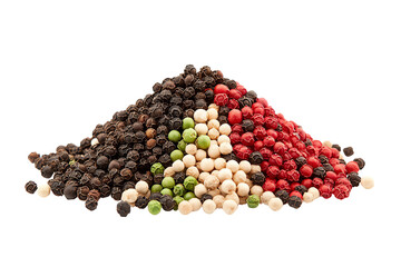 A colorful assortment of black, white, green, and red peppercorns piled together.