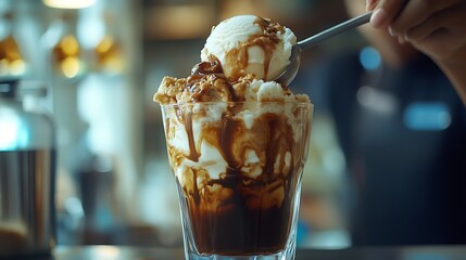 A delectable iced coffee dessert being served.