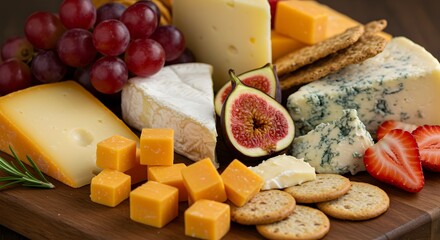 Fototapeta premium Delicious cheese board platter with assorted cheeses fruits and crackers gourmet food photography shot