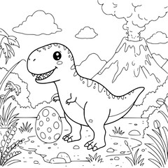 Dino coloring pages with volcano montain lanscape. illustration for kids