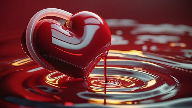 A heart-shaped blood bag dripping into a ripple pool on a red background representing love and blood donation