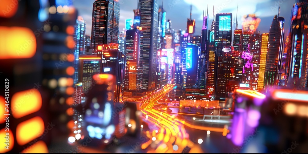 Poster futuristic cityscape with vibrant lights and digital elements in a high-tech world