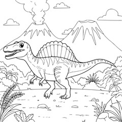 Dino coloring pages with volcano montain lanscape. illustration for kids