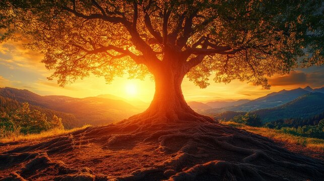 Majestic tree at sunset over mountains