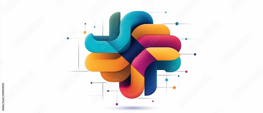 Poster abstract colorful shapes interlocked with connecting dots and lines on white